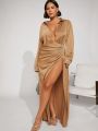 Free Soul Plus Solid Wrap Satin Split Thigh Dress