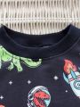 SHEIN Kids QTFun Toddler Boy Casual Dinosaur & Satellite Pattern Printed Long Sleeve Sweatshirt For Autumn