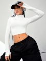 SHEIN Daily&Casual White Stand Collar Cropped Sweatshirt