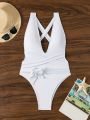 One-piece Swimsuit With Bowknot Decoration And Cross Strap Detail