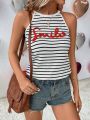 SHEIN LUNE Women's Letter Printed Towel Embroidered Striped Tank Top