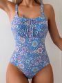 Butterfly Printed One-Piece Swimsuit With Small Floral Pattern