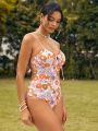 SHEIN Swim Vcay Floral Printed One-Piece Swimsuit With Front Knot