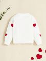 SHEIN Baby's Casual Loose Fit Long Sleeve Button Down Round Neck Knitted Cardigan With Heart Pattern