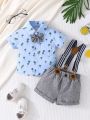 2pcs/Set Baby Boy's Palm Tree Print Short Sleeve Shirt And Suspenders Shorts Gentlemen Outfit For Holiday & Party