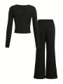 SHEIN Kids HYPEME Tween Girls' Fashionable Street Style Solid Color Knit Wrap Top And Long Pants Set