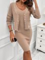 SHEIN LUNE Women's Knitted Long Sleeve Cardigan And Sleeveless Sweater Dress Set