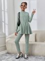 SHEIN Kids Cooltwn Big Girls' Sparkling Knitted Solid Color Stand Collar Long Sleeve Top And Long Pants Streetwear Set
