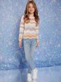 Girls' Colorblock Wave Pattern Round Neck Sweater