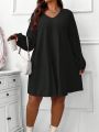 SHEIN CURVE+ Plus Size Women'S V-Neck Long Sleeve Dress