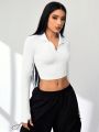 SHEIN Daily&Casual White Stand Collar Cropped Sweatshirt