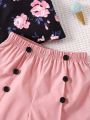 SHEIN Kids SUNSHNE Toddler Girls' Floral Printed Vest & Solid Color Shorts Set