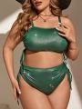 SHEIN Swim Basics Plus Size Women'S Metallic Drawstring Hoodie And Pants Set