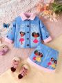 Baby Girl'S Fashionable Patchwork Faux Denim Cartoon Butterfly & Letter Print Fleece Set