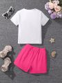 SHEIN Little Girls' Love Heart Mesh Splice Top & Solid Color Shorts Set