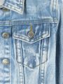 Young Girl 1pc Flap Detail Raw Hem Denim Jacket