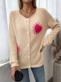 Women'S Love Heart Intarsia Raglan Sleeve Button Up Cardigan