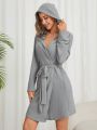 Women's Solid Color Casual Hooded Bathrobe