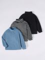 SHEIN Kids EVRYDAY Toddler Boys' Casual And Comfortable High Neck Striped Knit Sweater With Black And Blue Solid Color Tops Set