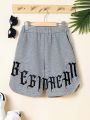 SHEIN Tween Boys' Loose Fit Casual Shorts With Letter Print, Summer
