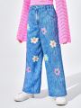 JNSQ Tween Girl Denim-Effect and Floral Print Wide Leg Pants