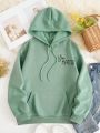 Plus Heart & Slogan Graphic Kangaroo Pocket Drawstring Thermal Lined Hoodie