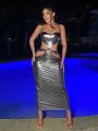 SHEIN SXY Ladies' Silver Metallic Color Sexy Strappy Maxi Dress With Waist Tie