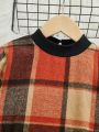 SHEIN Kids KDOMO Tween Girl Plaid Print Contrast Trim Belted Trench Coat