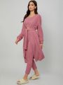 Solid Tank Top & Pants & Belted Robe Lounge Set