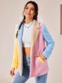 SHEIN Qutie Color Block Lapel Neck Open Front Teddy Coat