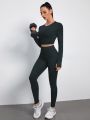 Yoga Basic 2pcs Mono Gym Set Fitness Suit Cropped Thumbhole Tee & Tummy Control Leggings