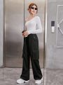 SHEIN Teenage Girls' Knitted Monochrome Irregular Shoulder T-Shirt And Flip Pocket Pants 2pcs/Set