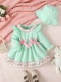 2023 Plaid Ruffle Fly Sleeve Dress With Double Bows Decoration And Double Lace Long Sleeves For Girls' Infants, With Hat