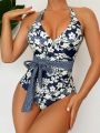 SHEIN Swim Vcay Random Floral Printed One-piece Swimsuit With Waist Belt