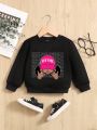 Baby Girls' Casual Cartoon Printed Long Sleeve Round Neck Sweatshirt, Suitable For Autumn & Winter