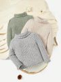 SHEIN Baby Girls' 3pcs Solid Color Ribbed Knit High Neck Long Sleeve Top Set