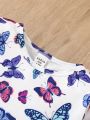 Baby Girls' Butterfly Printed Sweatshirt And Solid Color Suspender Skirt Set
