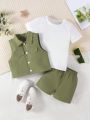 SHEIN Kids EVRYDAY 3pcs/Set Boys' Fashionable Short Sleeve Top, Vest And Casual Jeans Street Style Outfit For Summer