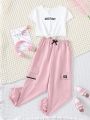 Teen Girls' Letter Printed T-shirt And Cargo Pants Set