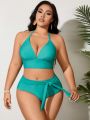 SHEIN Swim Vcay Plus Size Solid Color Bikini Set With Front Knot Detail