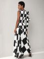 ISELACOS Asymmetric One Shoulder Loop Sleeve Checkers Dress