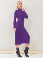 SHEIN Essnce Mock Neck Split Thigh Ribbed Knit Bodycon Dress