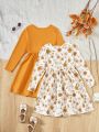 SHEIN Kids EVRYDAY Girls' Floral Printed Long-sleeved Dress For Big Kids