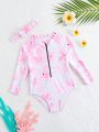 Baby Girl Floral Print Zipper Front Half-Sleeve Rashguard Swimsuit