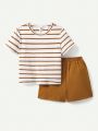 Cozy Cub Baby Boys' Striped Round Neck Short Sleeve Tee, Cartoon Sailboat Pattern Tee, Solid Color Shorts 4pcs/Set