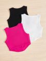 SHEIN Kids EVRYDAY Tween Girls' Knitted Solid Color Square Neck Cami Top Set Of 3