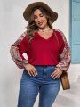 SHEIN VCAY Plus Size V-neck T-shirt With Patchwork And Lantern Sleeves Design