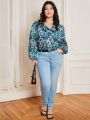 SHEIN Frenchy Plus Size Vacation Printed V-Neck Blouse With Ruffle Hem