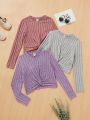 SHEIN Kids Y2Kool 3pcs/Set Tween Girl Sports Sweet & Cool Knot Detail Round Neck Long Sleeve Top With Dropped Shoulder