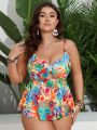 SHEIN Swim Vcay Plus Size Tropical Print Hollow Out Front Cami Top And Triangle Bottom Bikini Set